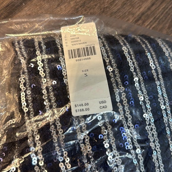 NWT! Anthropologie FLAT WHITE NAVY SHORT-SLEEVE SEQUIN STRIPE MIDI DRESS 🟠☮️ - Picture 11 of 12